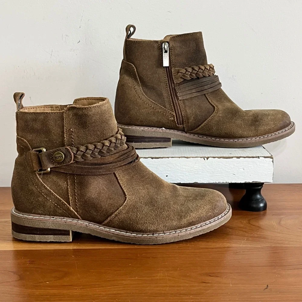 Earth Jeno Brown Suede Leather Braided Ankle Boots‎ Womens 6.5 M ETJENO